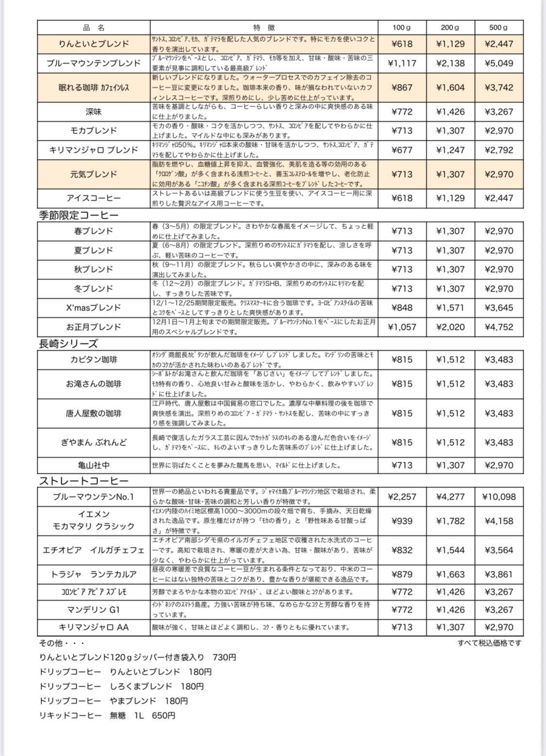 コーヒーの価格改定のお知らせです