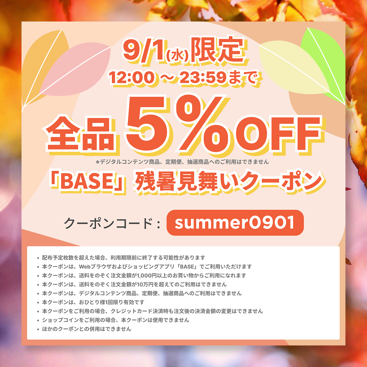【9/1(水) 12:00〜23:59限定！】５%OFFクーポンプレゼント☆