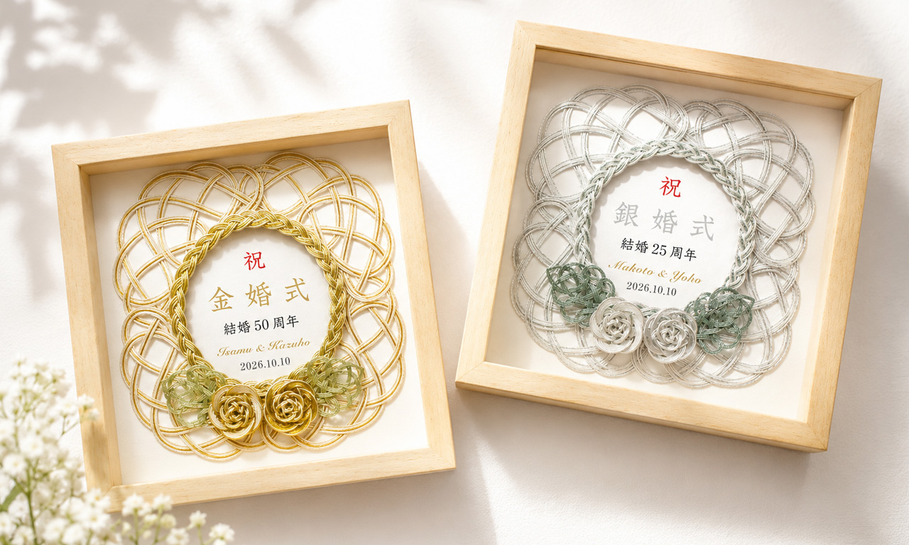 【新商品】寄り添う二輪の薔薇に想いを込めて。金婚式・銀婚式の水引お祝いフレームができました