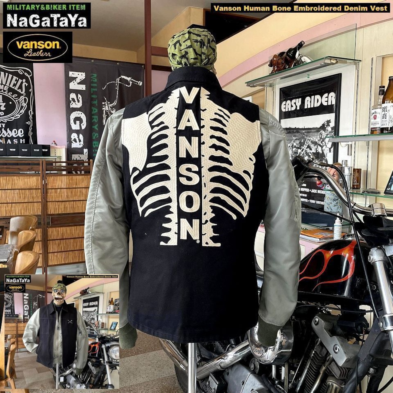 重厚なブラックデニムにヒューマンボーン刺繍を施したバンソンのバイカーベスト