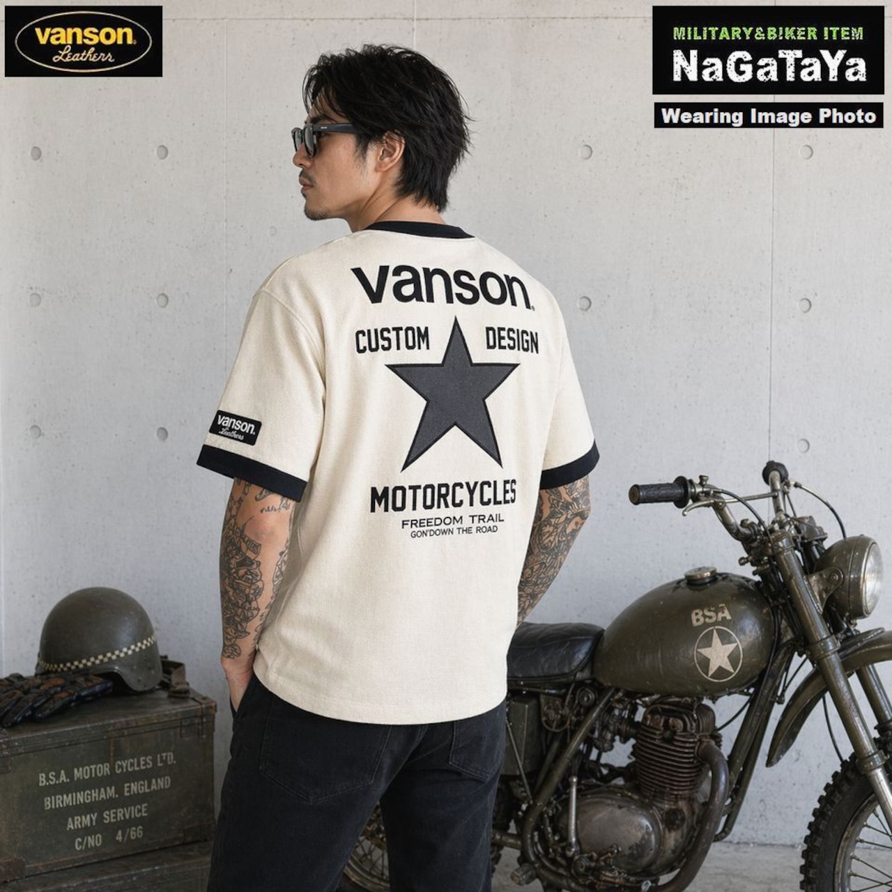 VANSONのワンスターロゴ刺繍がアクセントのサーマル素材を使用したヘンリーネック半袖Tシャツ