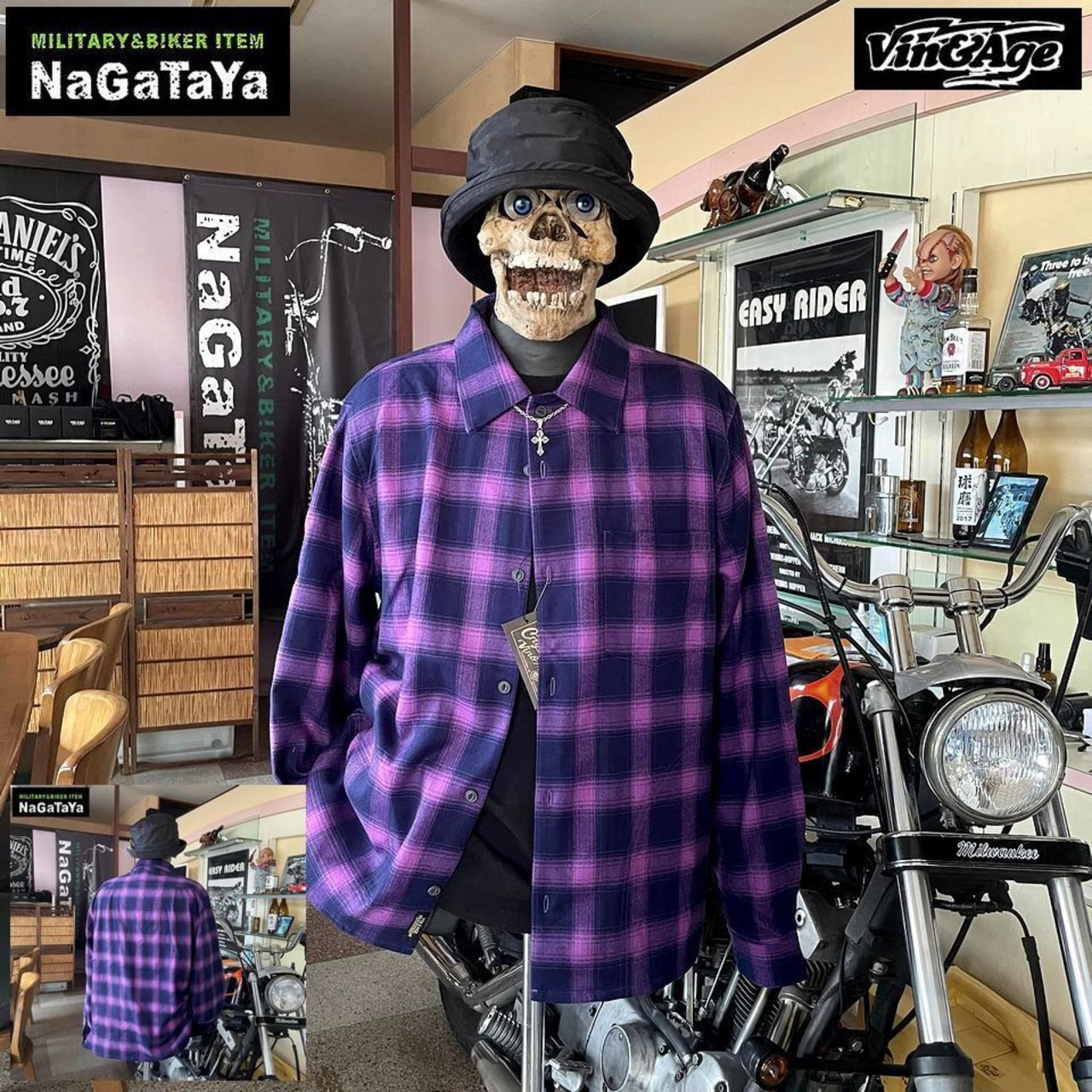 バイカースタイルを演出するセミワイドなデザインのVin&Ageのオンブレチェックシャツ