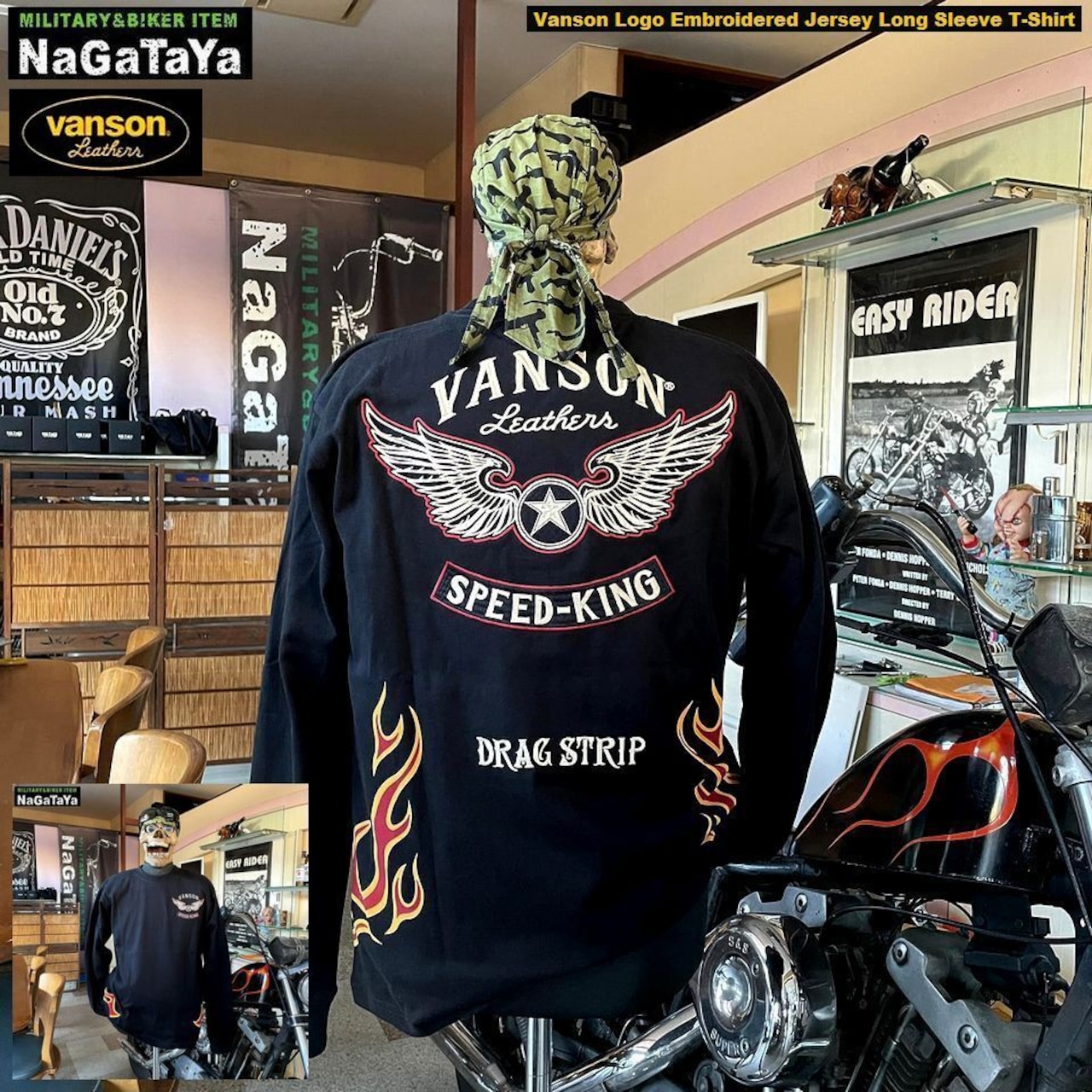 VANSONのウイングとロゴ刺繍が施された天竺素材の長袖Tシャツ、ワイルドなんだぜぃ～”