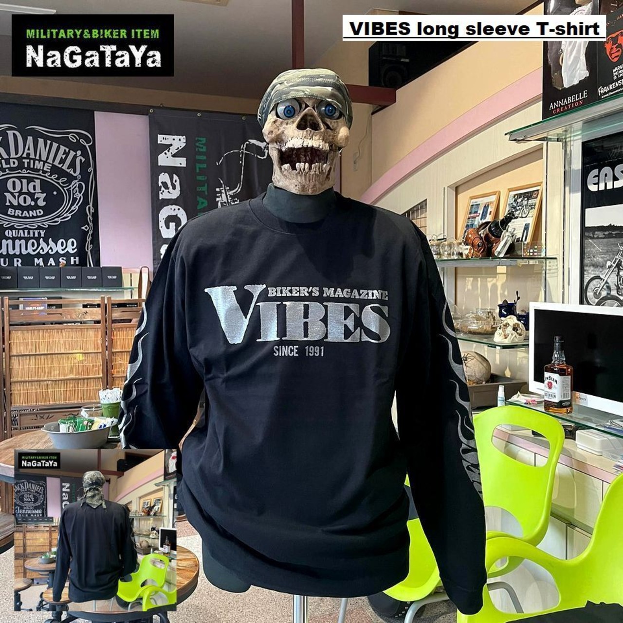 フロントは定番の「VIBES」ロゴ、袖にはフレイムスをプリントしたロンT Mサイズのみ!!