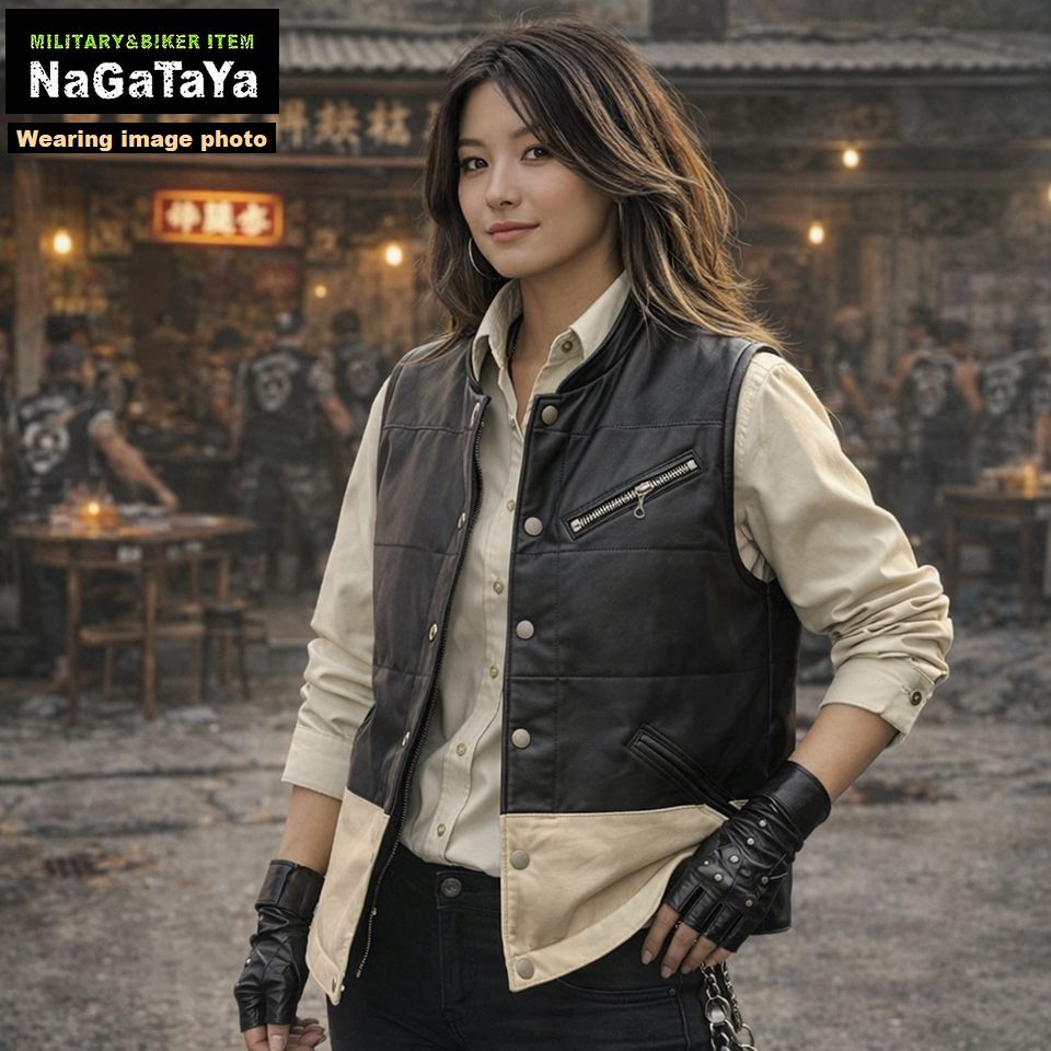 エイジング加工が施されたバッファローレザー仕様のナーティーベスト