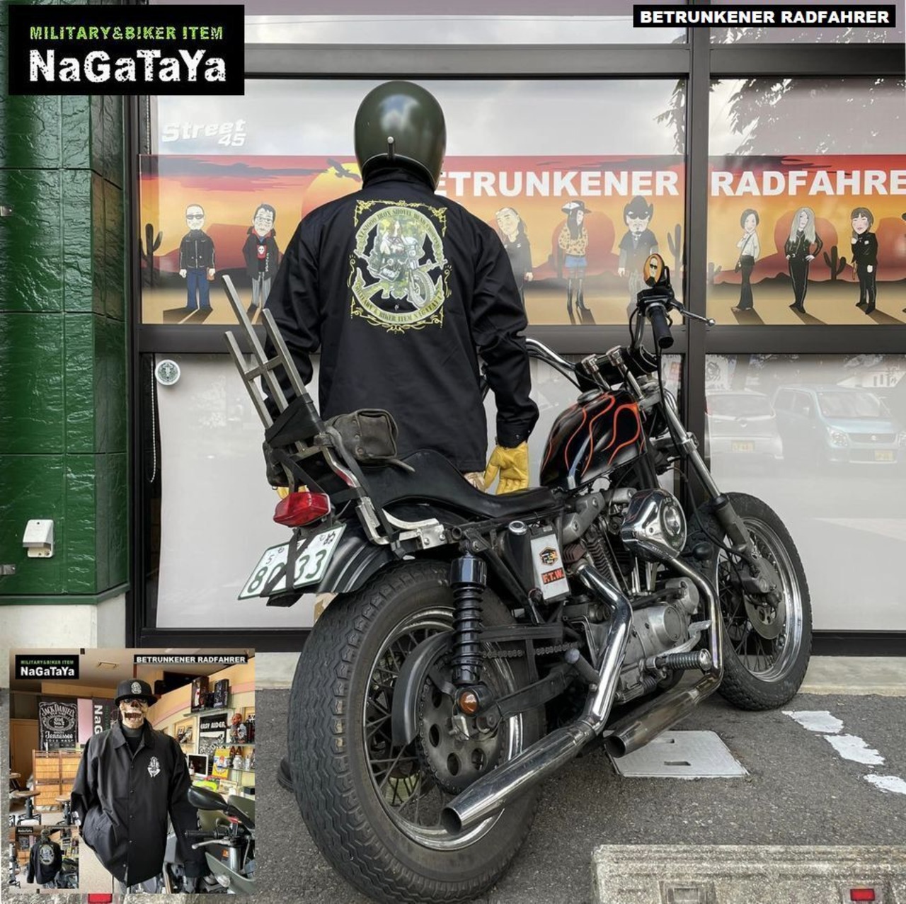 BETRUNKENER RADFAHRERの女神のプリントが託されたBIKERコーチジャケット