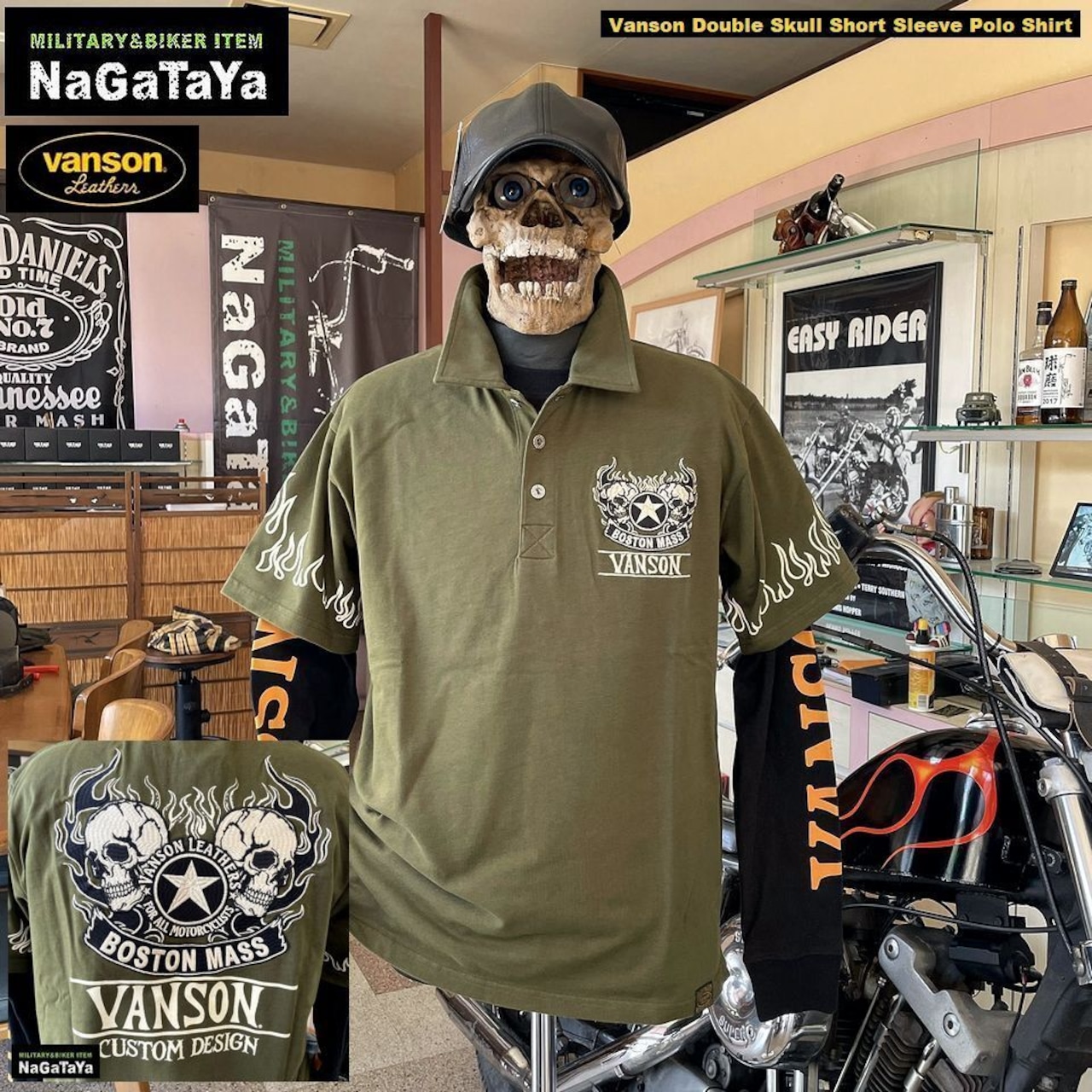 VANSONのダブルスカルデザインがインパクトのある半袖ポロシャツ