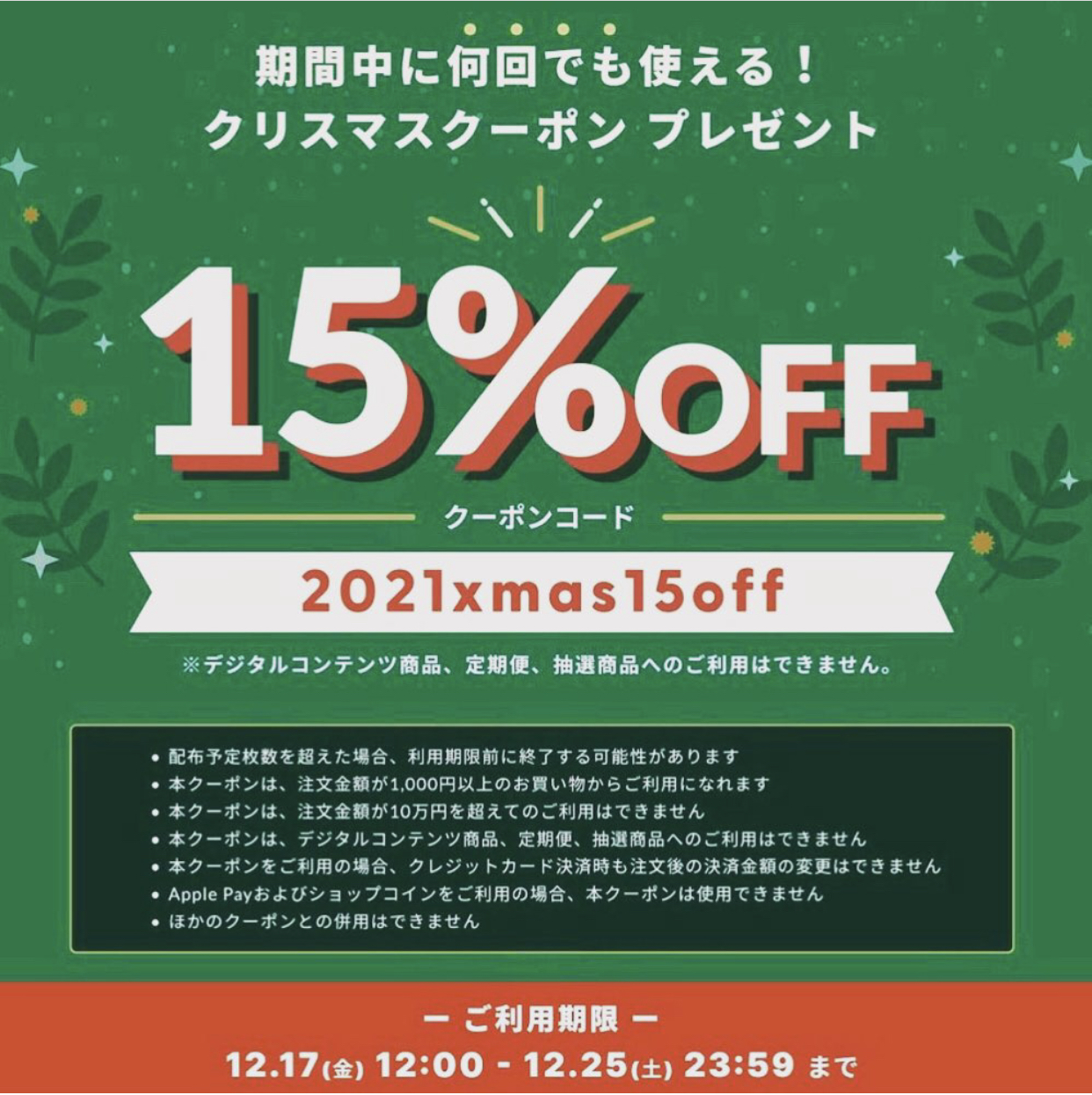 クリスマスクーポンキャンペーン🎄15%オフ