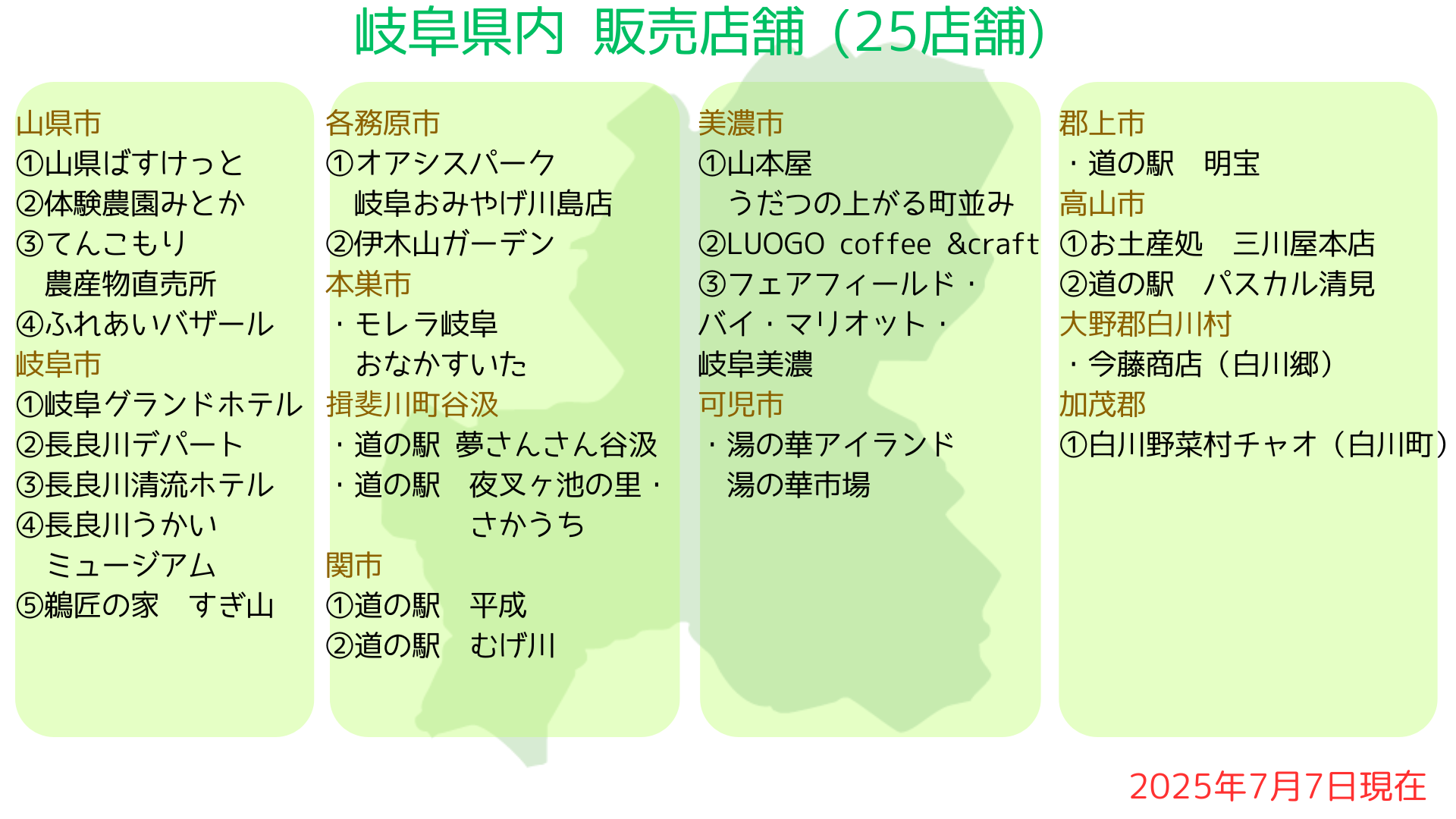 販売店舗の情報を更新しました