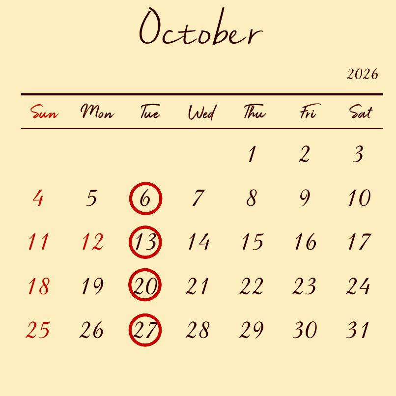 10月の営業スケジュールです