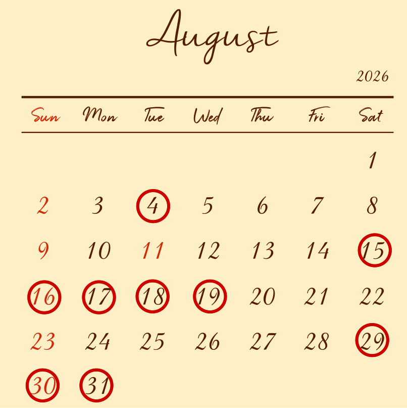 8月の営業スケジュール