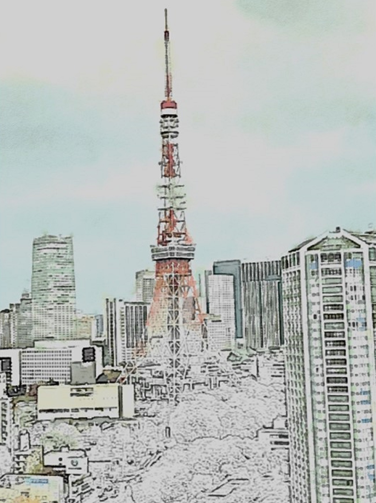 作品例 🗼曇りの日の東京タワー🗼 街の風景を水彩アートにして癒しの空間作りを!