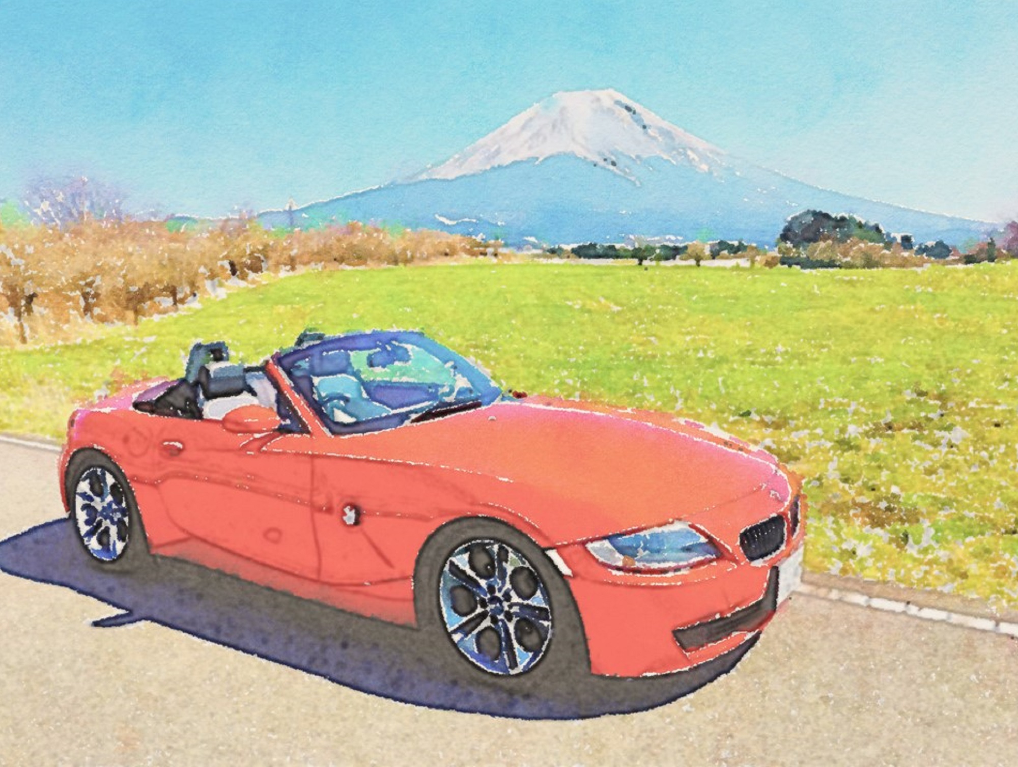 作品例　🚗緑の風と赤い車🚗　愛車のベストショットをアートとしてのこしませんか？