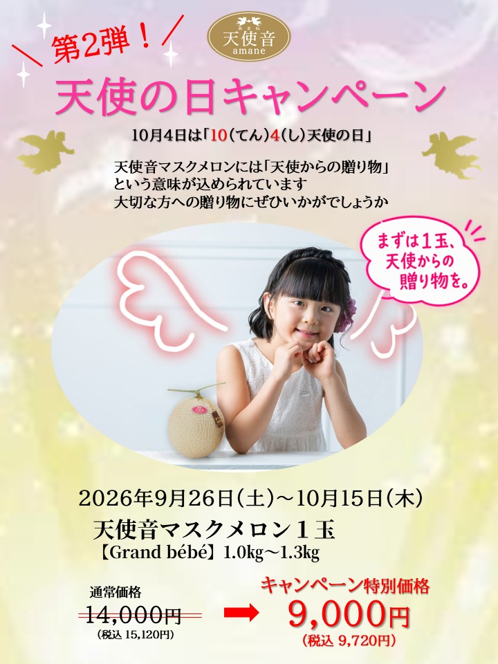 「天使の日キャンペーン」第2弾✨天使音マスクメロン ”1玉”の特別価格 をご用意しました!