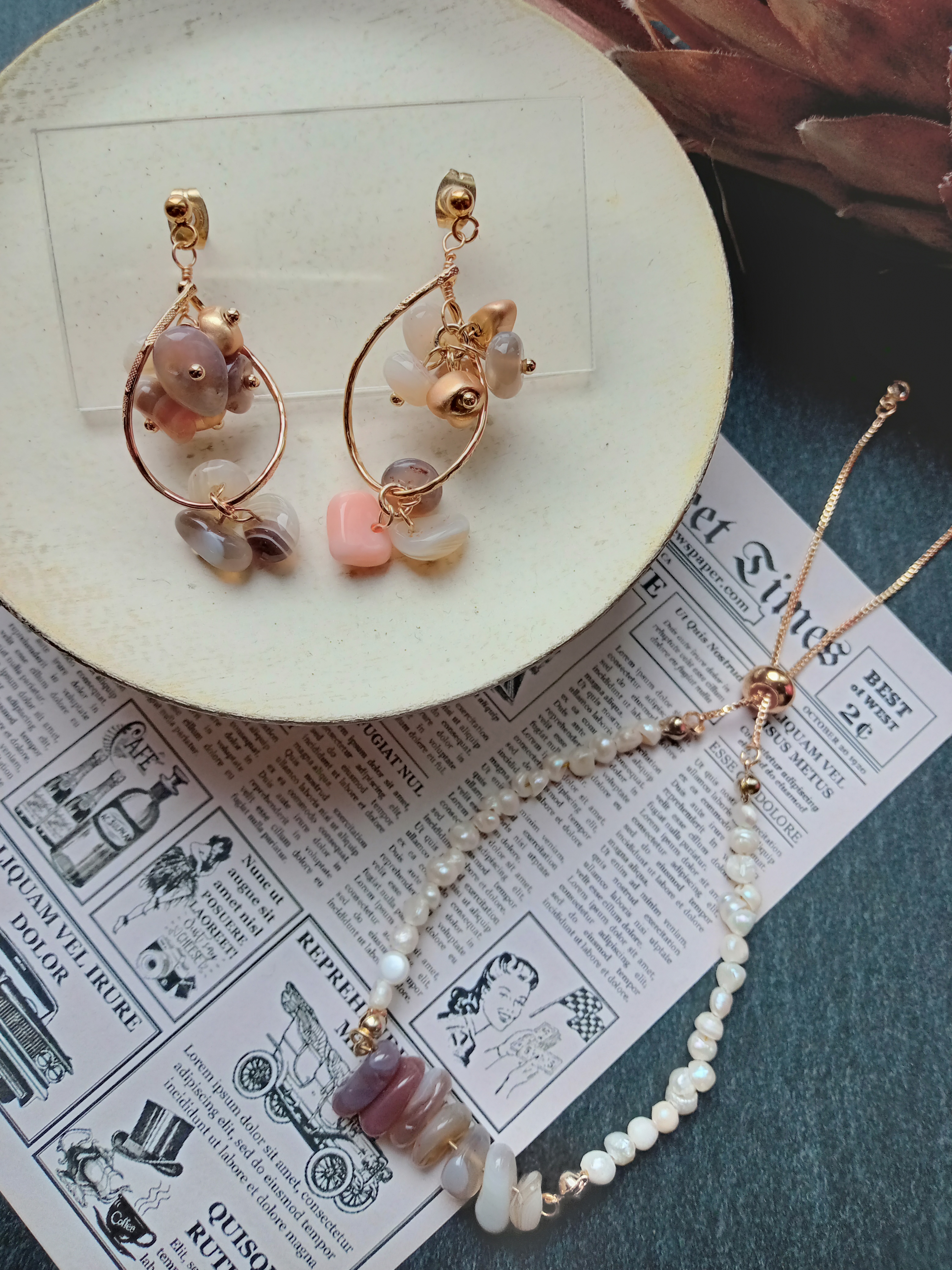 ボツワナアゲートさざれブレスレット、耳飾り