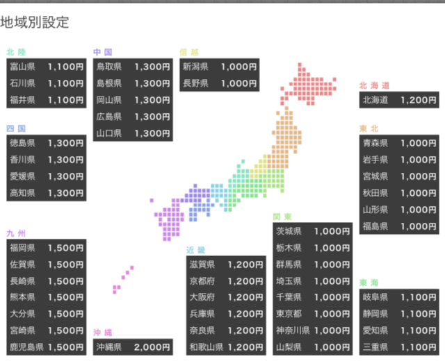 地域別の送料を設定しました