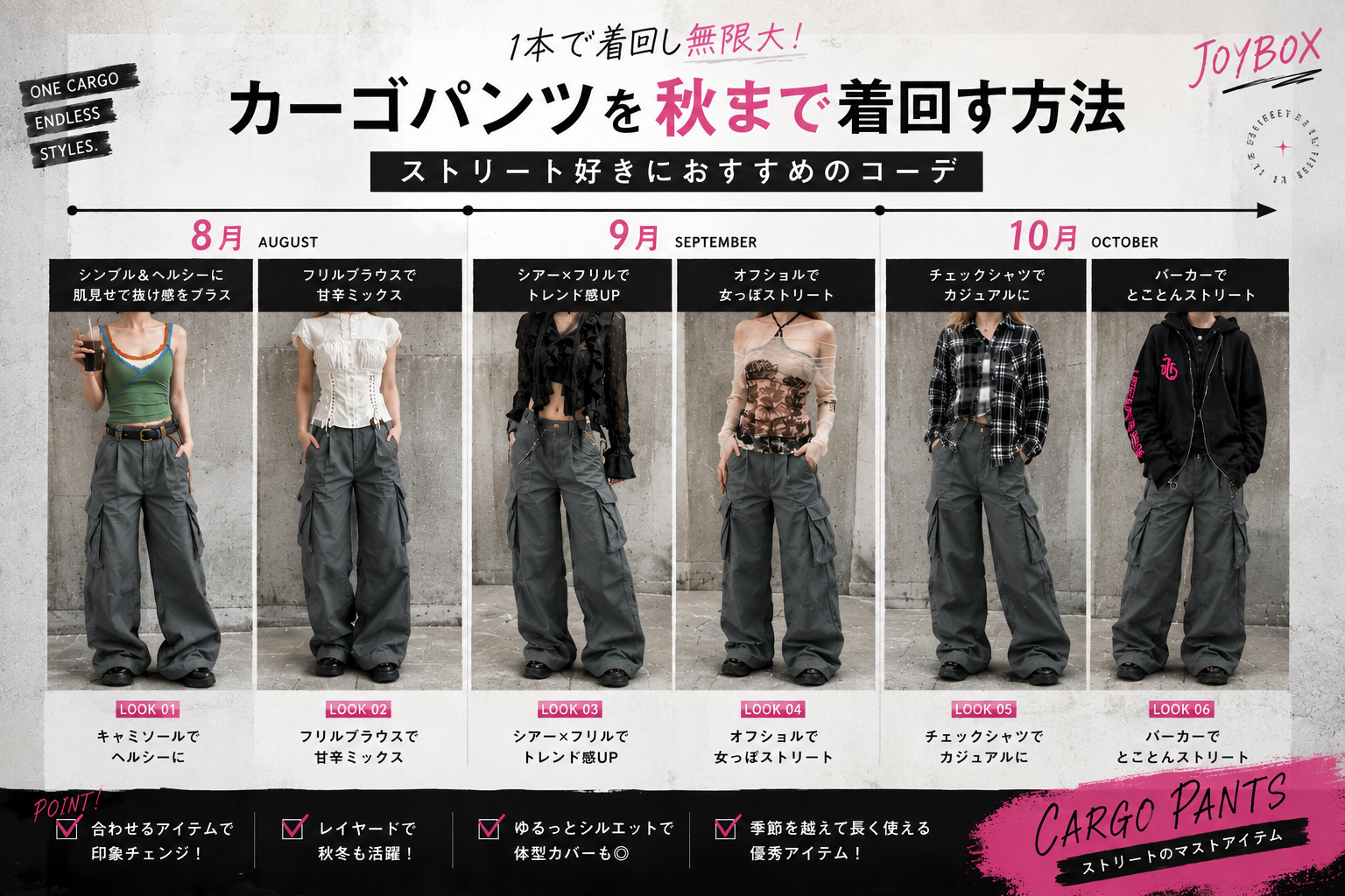 カーゴパンツを秋まで着まわす方法★ストリート好きにおすすめコーデ術