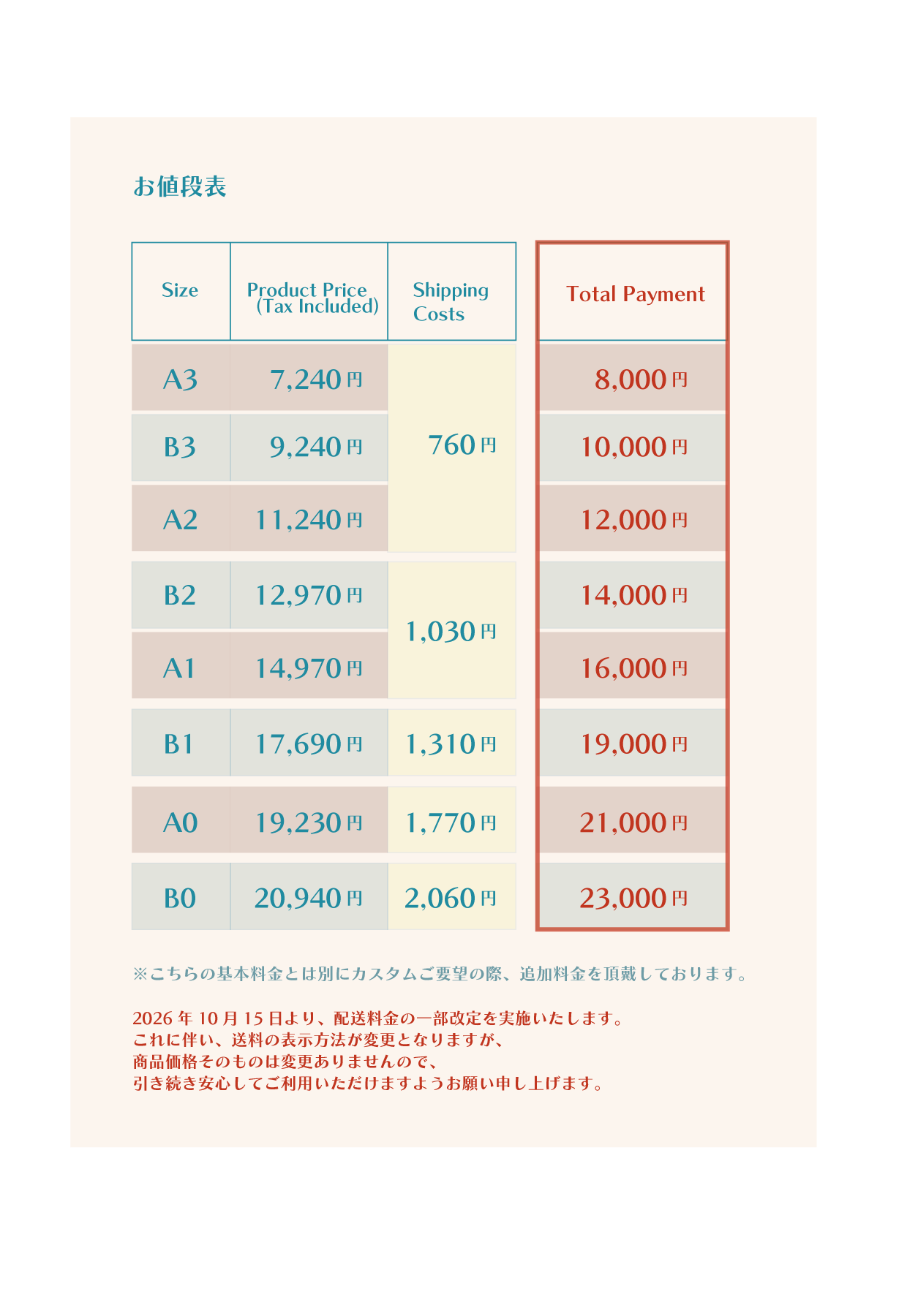 お値段表
