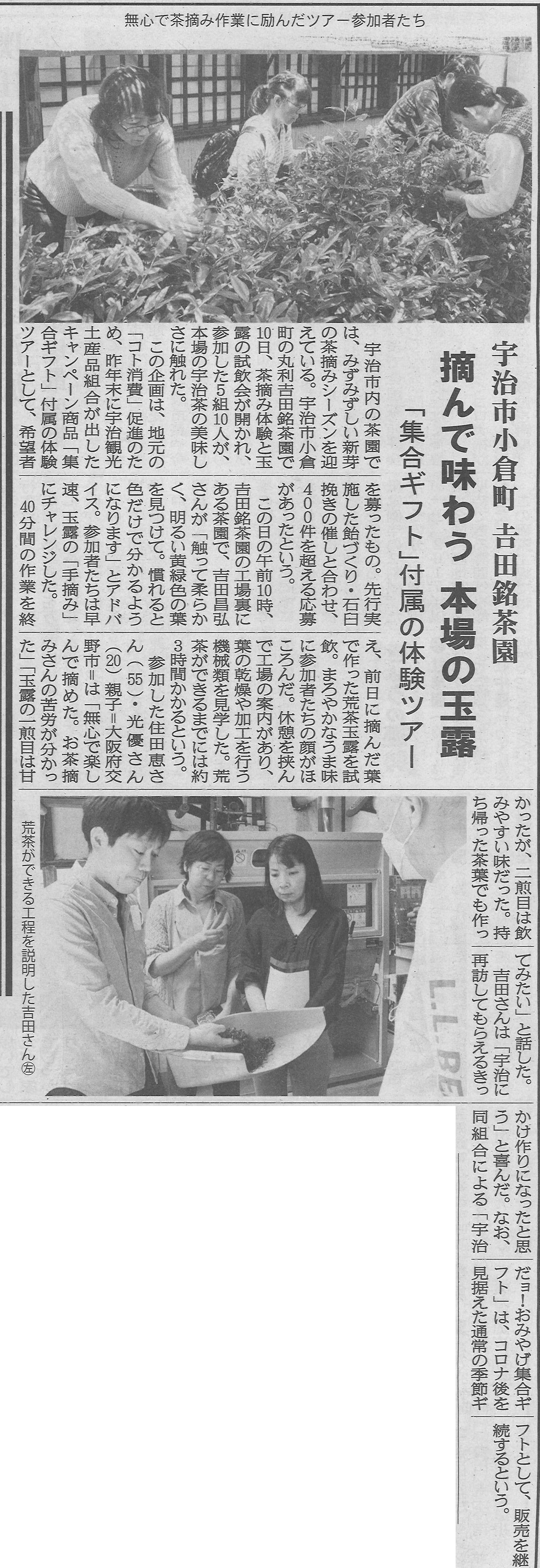 5月11日 洛タイ新報にて、宇治観光土産品組合ギフト購入特典の茶摘み体験の様子が掲載