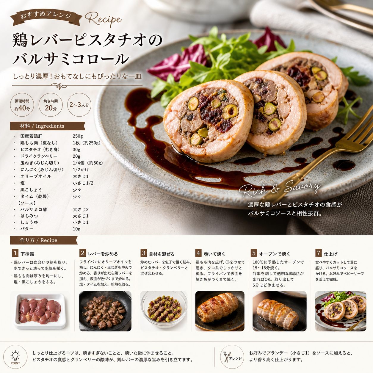 しっとり濃厚!おもてなしにもぴったりな一皿濃厚な鶏レバーとピスタチオの食感がバルサミコソ-ス