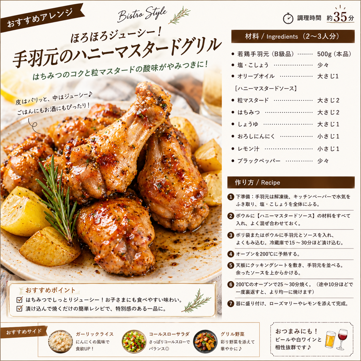 はちみつのコクと粒マスタードの酸味がやみつきに、皮はパリッと、中はジューシー♪ ごはんにもお酒にも