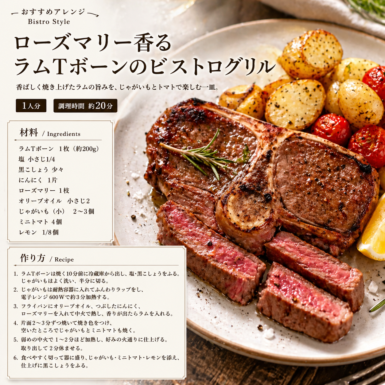 香ばしく焼き上げたラムの旨みを、じゃがいもとトマトで楽しむ一皿。