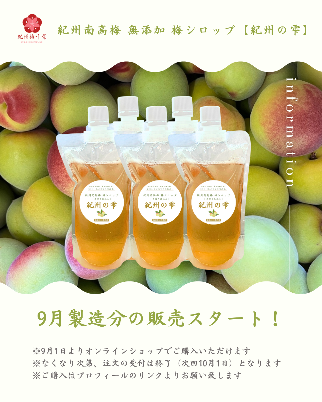 本日、9月1により 紀州南高梅　無添加　梅シロップ【紀州の雫】のご注文受付を開始致します！