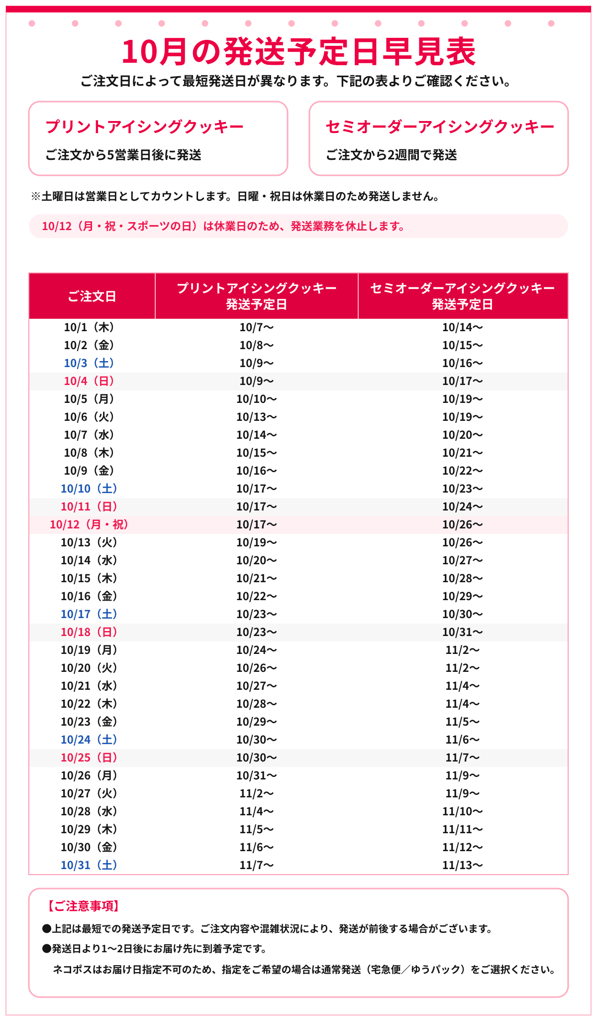 【2026/10】ご注文日別 発送予定日早見表