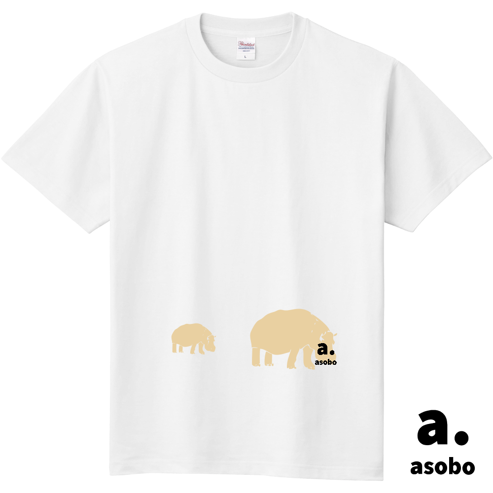 カバ親子+アソボー。カラーロゴ。Tシャツ。ホワイト。販売中です