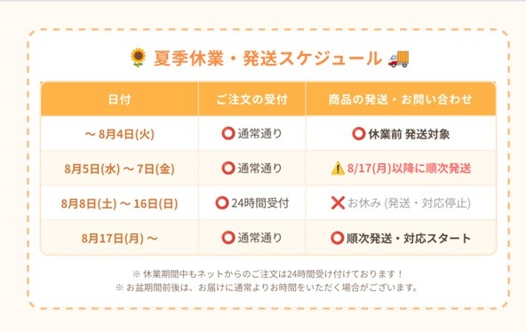 夏季休業と商品の発送スケジュールについて