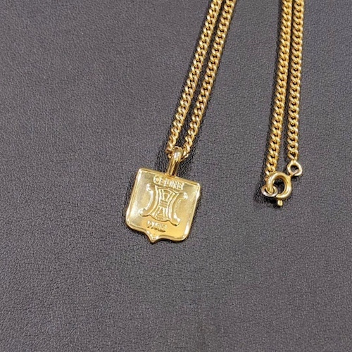 ヴィンテージ CELINE セリーヌ プレート ネックレス ブラゾン マカダム ゴールド.