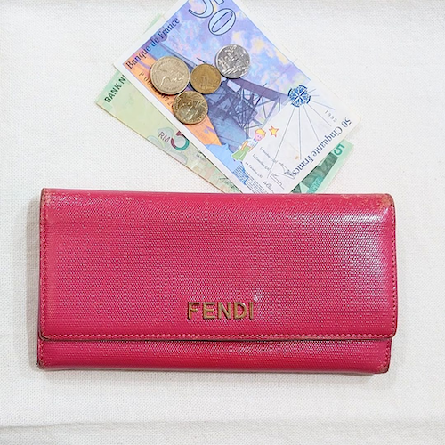 【FENDI】 フェンディー フロントロゴ ロングウォレット ホック式 ピンク.