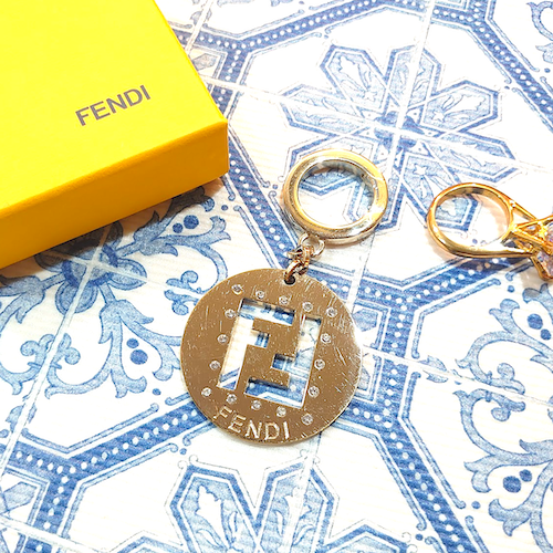 【FENDI】 フェンディ ズッカ キーホルダー ゴールド×ストーン.