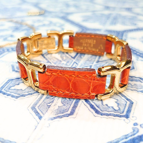 【HERMES】 エルメス Hロゴ Hモチーフ クロコダイル ブレスレット.