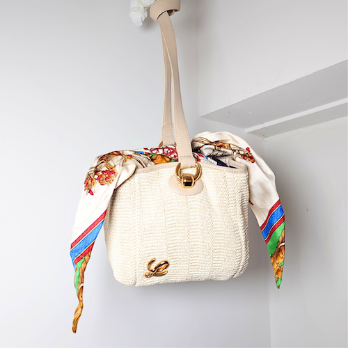 LOEWE ロエベ ラフィア 編み込み Lロゴ ショルダー バッグ スカーフ レザー.