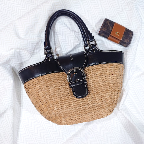 COACH コーチ カゴバッグ ストロー レザー サマーバッグ ナチュラル ブラック.