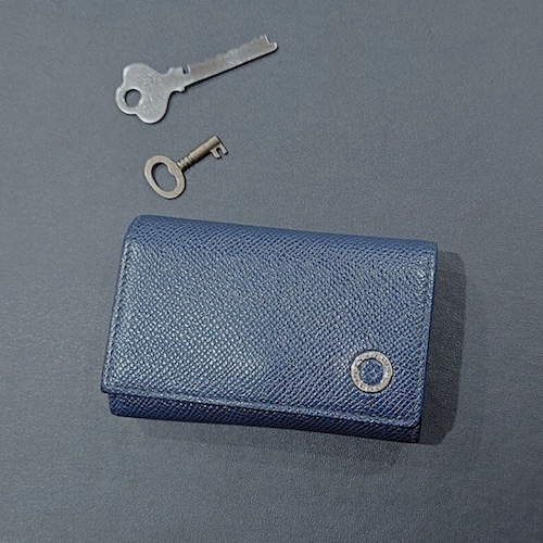 BVLGARI ブルガリ マン キーホルダー 6連 キーケース キーリング付 レザー ネイビー.