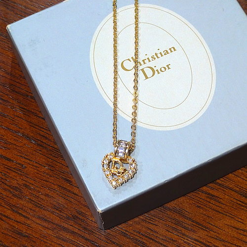 ヴィンテージ Dior ディオール ロゴ ハート ラインストーン ネックレス ゴールド.