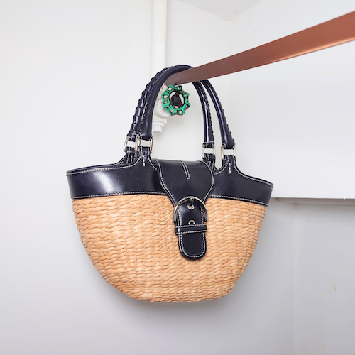 COACH コーチ カゴバッグ ストロー レザー サマーバッグ ナチュラル ブラック.