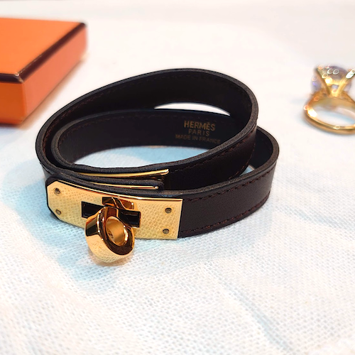【HERMES】 エルメス レザーブレスレット ドゥブルトゥール ブラウン.