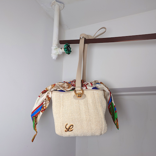 ヴィンテージ LOEWE ロエベ ラフィア 編み込み Lロゴ ショルダー バッグ スカーフ レザー.