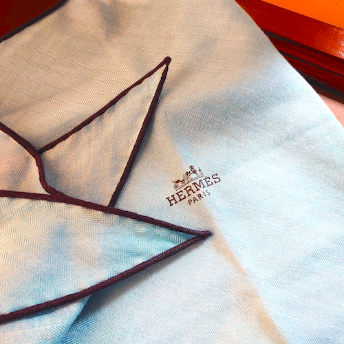 HERMES エルメス ロザンジュ ミニ ブルー カシミア シルク イヤーズギフト.