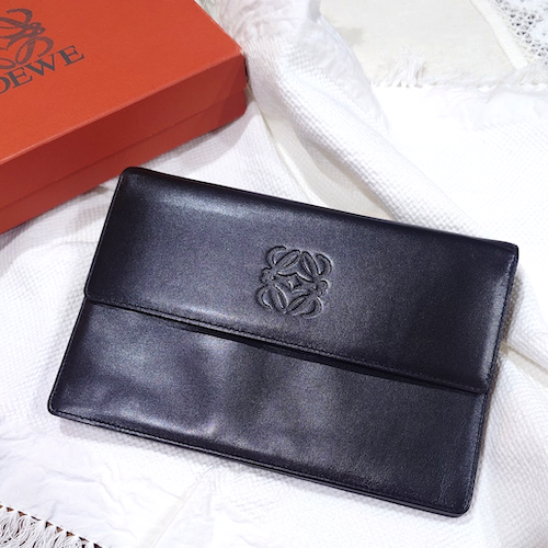 ヴィンテージ LOEWE ロエベ アナグラム セパレート ポーチ ミニ クラッチバッグ レザー 黒.