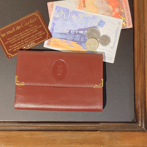 ヴィンテージ Cartier カルティエ マストライン 三つ折り がま口 財布  ボルドー レザー.