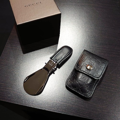 GUCCI グッチ 折りたたみ 靴べら シューホーン ケース付 携帯用 マイクロシマ メタル レザー