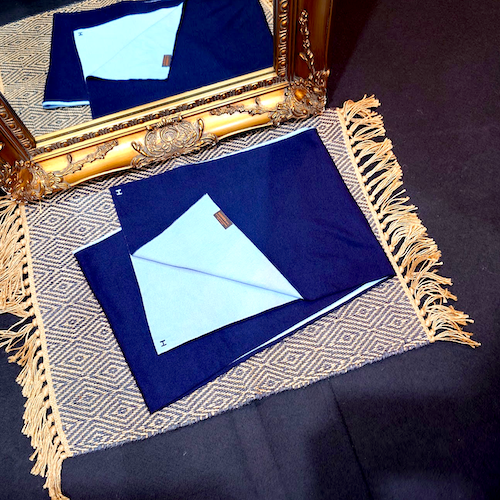 HERMES エルメス Hロゴ ニット マフラー カシミア ブルー.