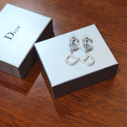 ヴィンテージ Christian Dior ディオール CDロゴ ラインストーン ピアス シルバー.