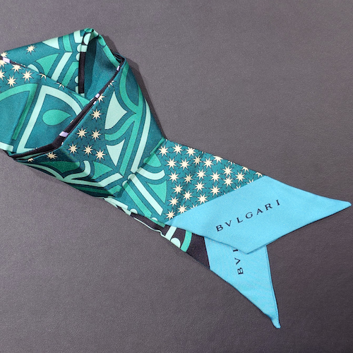  BVLGARI ブルガリ ロゴ シェリー リボン スカーフ シルク グリーン ブラック.