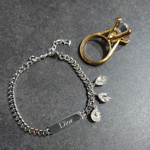 【Christian Dior】 クリスチャン ディオール 3連ビジュー  シルバーブレスレット.