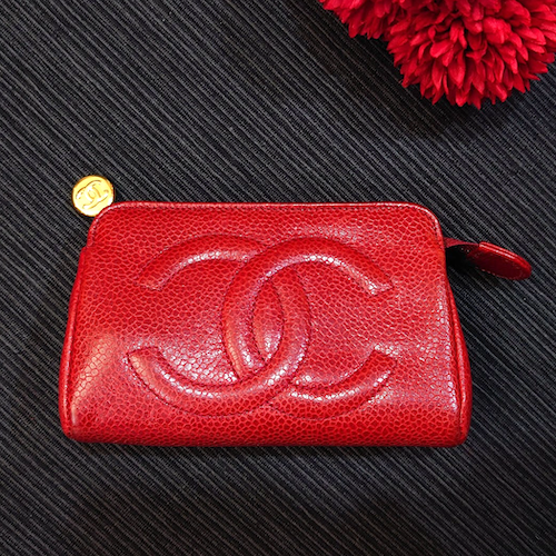 【CHANEL】オールドシャネル キャビアスキン ポーチ レッド ココステッチ .